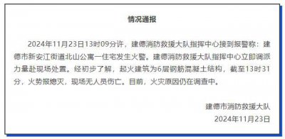 ​浙江一公寓发生火情，消防通报